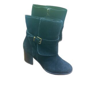 Lauren Ralph Lauren Womens Black Suede Boots 7 Buckle Block Heel Minimalist Chic